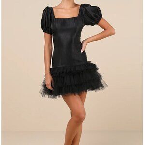 Lulus Notably Fabulous Black Taffeta Tiered Puff Sleeve Mini Dress - Size XS